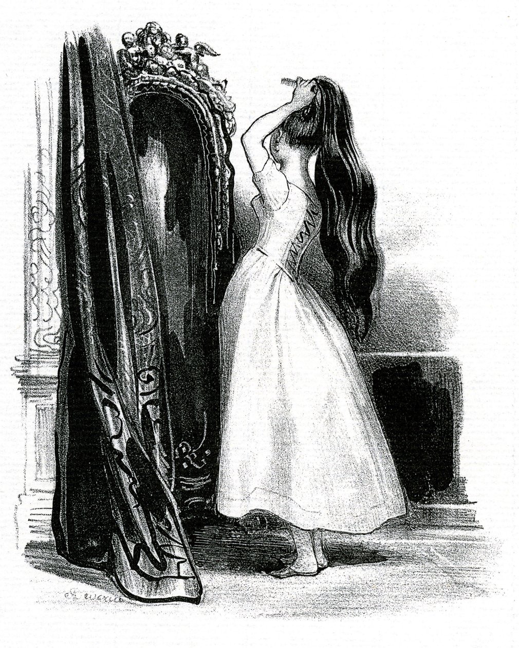 Madame Bovary, voor de roman van Gustave Flaubert - Emma Bovary stapelt haar lange haar op voor haar spiegel door Achille Devéria
