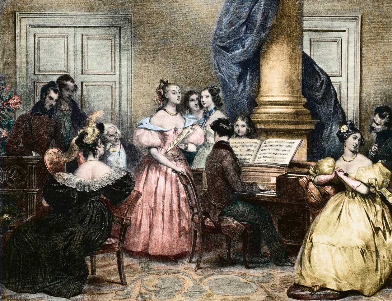 Muzikale avond rond de pianoforte - door Achille Deveria, ca. 1840 door Achille Devéria