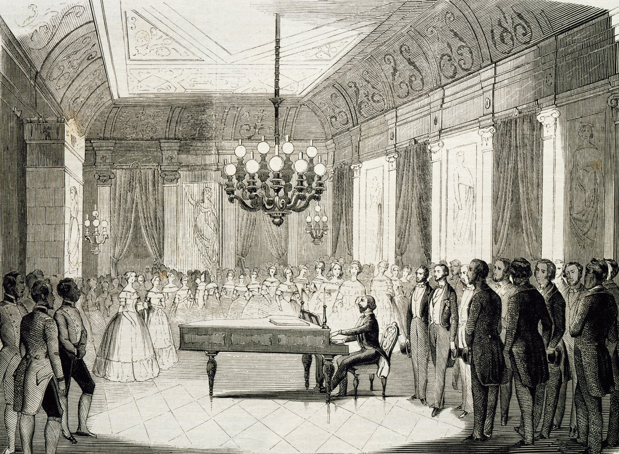 Muzikale avond met piano, door Achille Deveria (1800-1857), gravure, Frankrijk door Achille Devéria