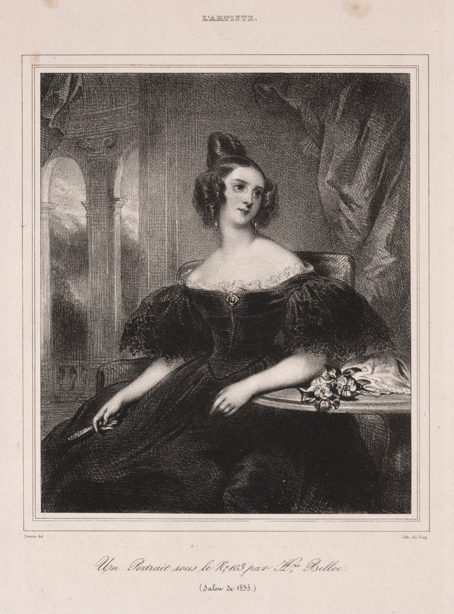 Jonge vrouw met een waaier zittend aan een tafel, 1835 door Achille Devéria