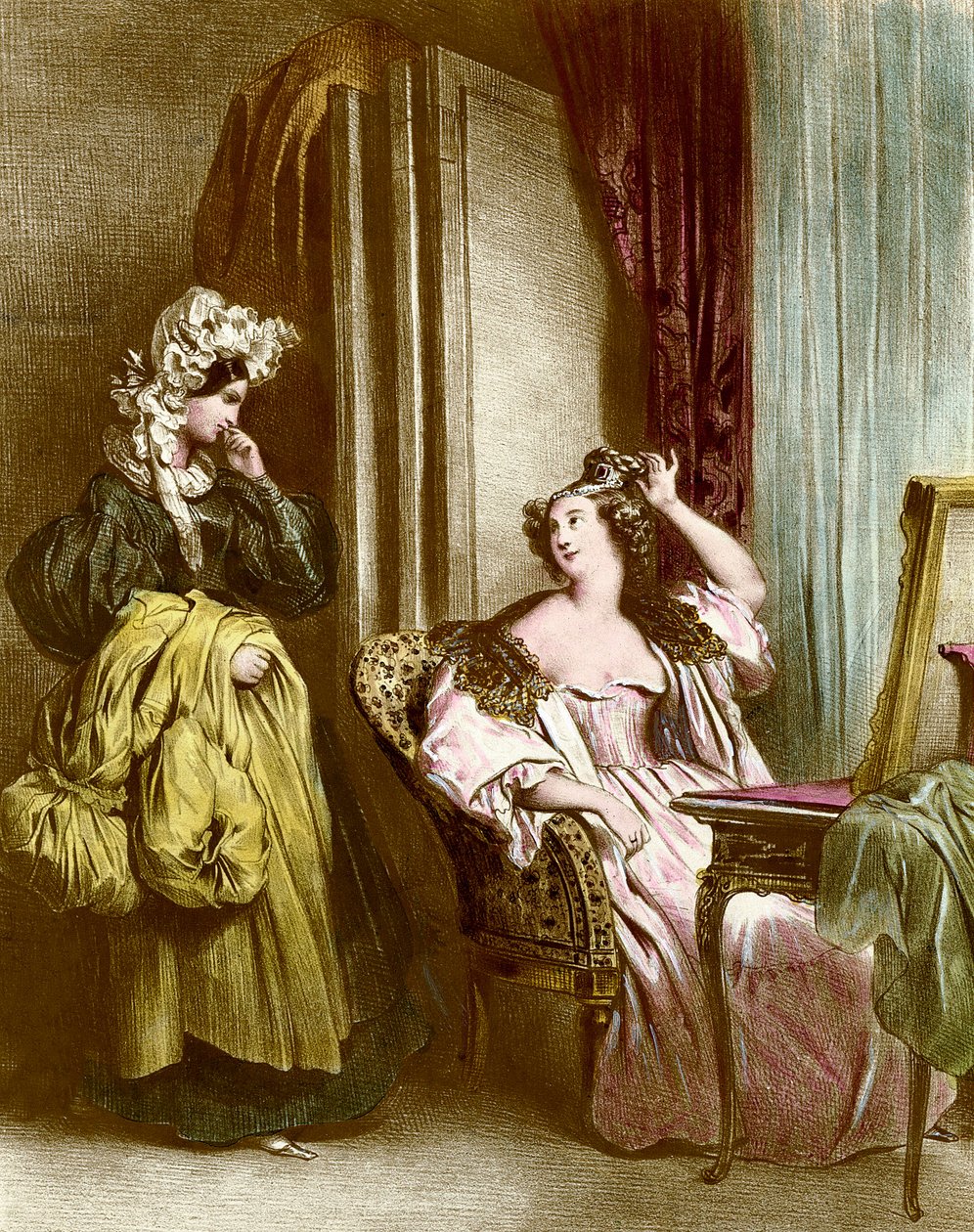 De toilet: een elegante jonge vrouw met haar dienstmeid. Lithografie door Achilles Deveria (1800-1857) 19e eeuw. Privécollectie door Achille Devéria