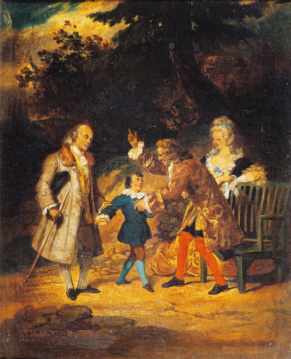 Voltaire (1694-1778) verwelkomt Franklin (1706-1790) en zijn neefje door Achille Devéria