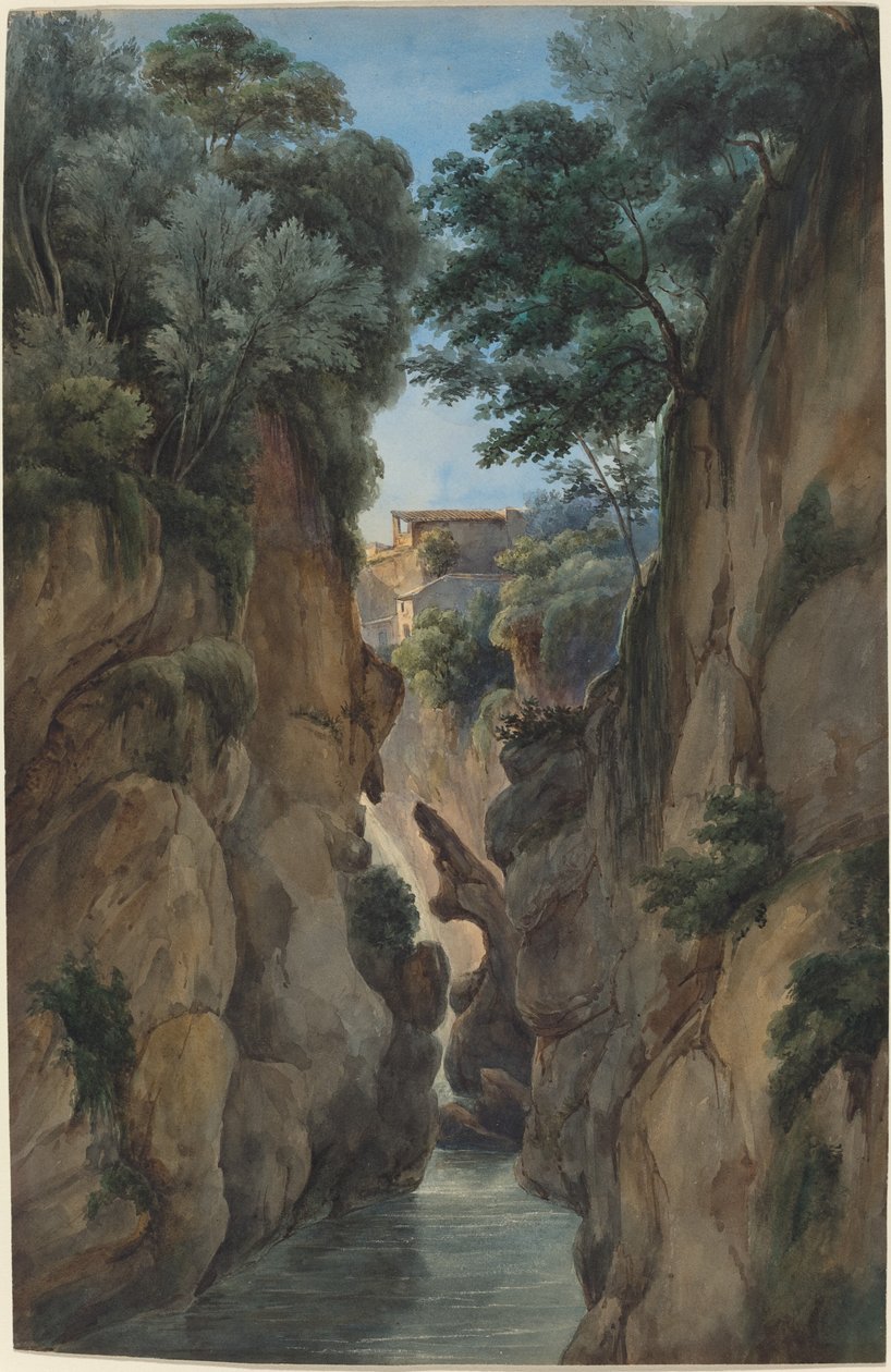 Uitzicht op een waterval door een ravijn door Achille Etna Michallon