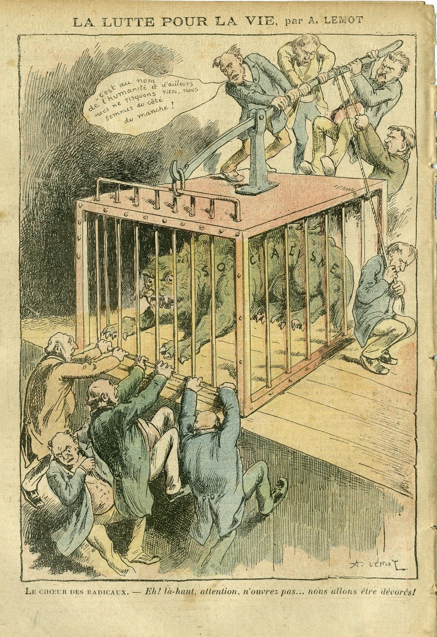 Illustratie door Achille Lemot (1846-1909) in Le Pelerin, 21/04/07 - De Strijd om het Leven - Socialisme, Radicaal-Socialisme - Animalisatie door Achille Lemot