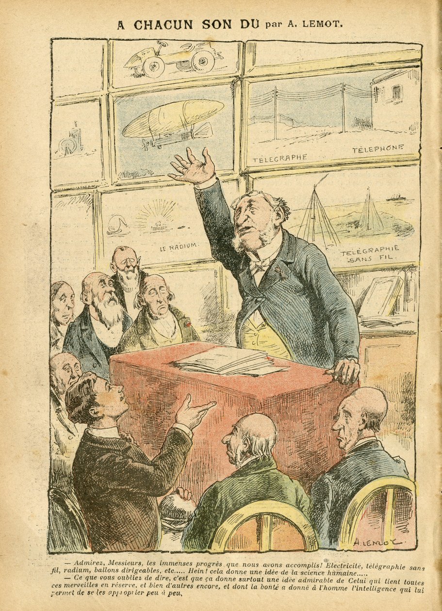Illustratie door Achille Lemot (1846-1909) in Le Pelerin, 22/09/07 - Moderniteit, Automobiel, Religie Geloof, Atheïsme, Vooruitgang, Telegraaf, Draadloze Telegrafie, Telefoon, Radium, Katholiek Katholicisme - Intellectueel door Achille Lemot