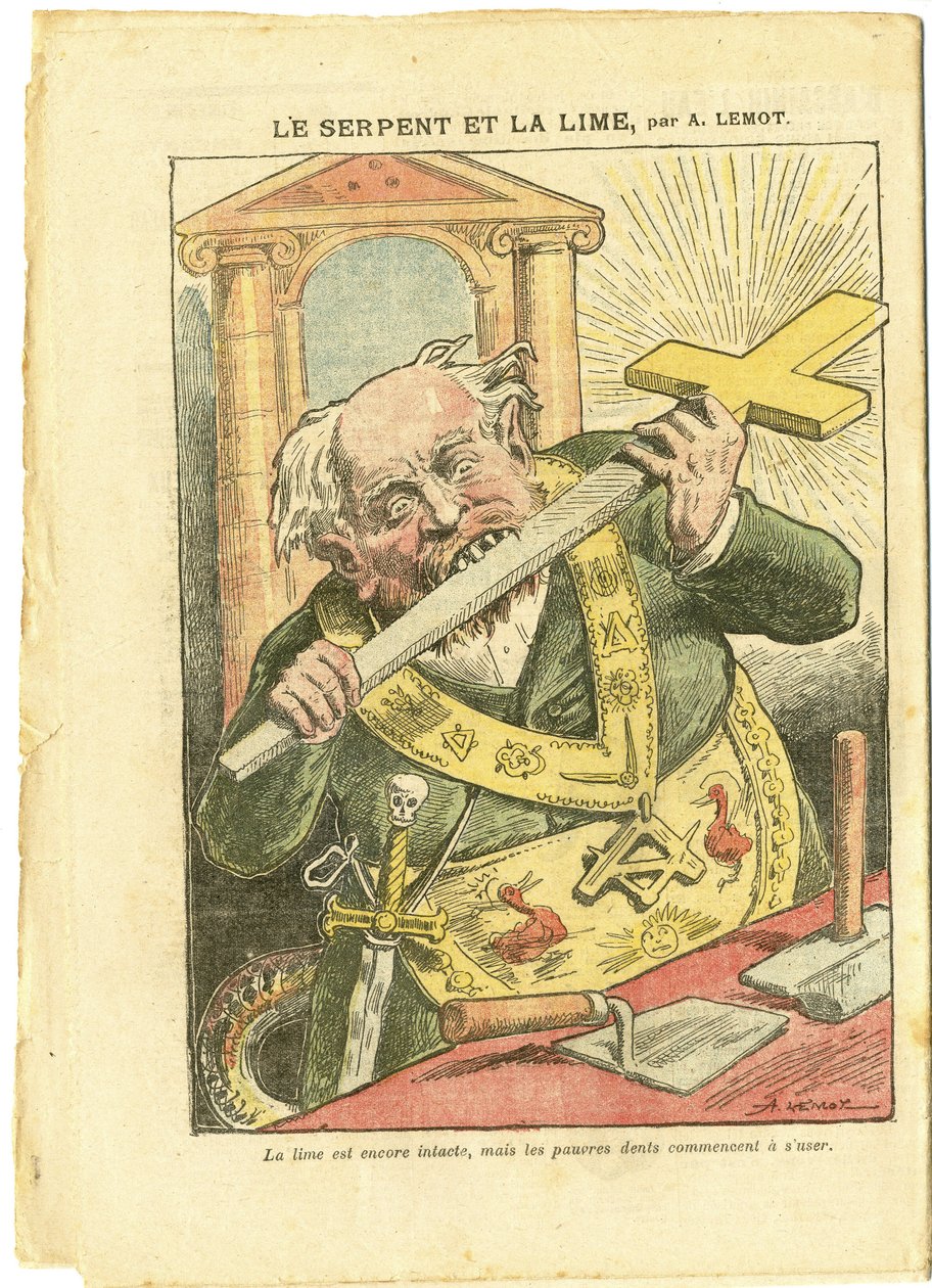 Illustratie door Achille Lemot (1846-1909) in Le Pelerin, 23/05/09 - De slang en de limoen - Antimaconisme Vrijmetselarij, Religie Geloof, Christelijk Kruis, Fabels La Fontaine en anderen, Katholicisme - Secularisatie door Achille Lemot