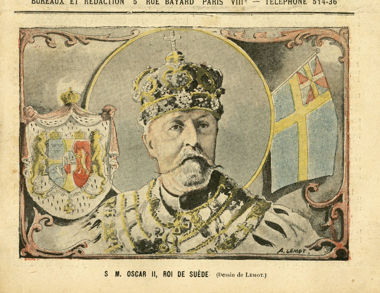 Illustratie van Achille Lemot (1846-1909) in Le Pelerin, 02/07/05 - Zijne Majesteit Oscar II, Koning van Zweden door Achille Lemot