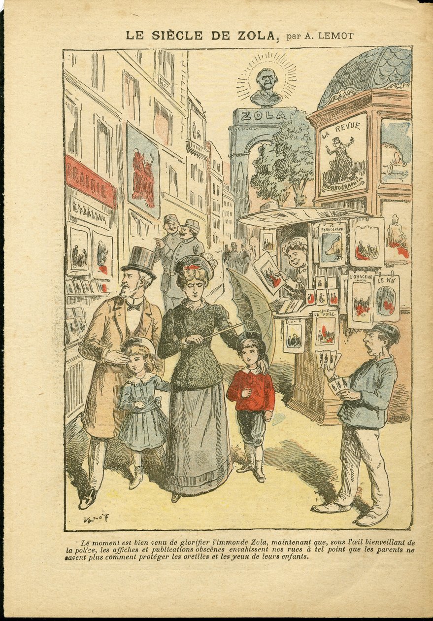 Illustratie van Achille Lemot (1846-1909) in Le Pelerin, 03/05/08 - De eeuw van Zola - Religie Geloof, Familie, Pornografie, Krantenkiosken, Katholiek Katholicisme, Rue steeg - Zola Emile door Achille Lemot