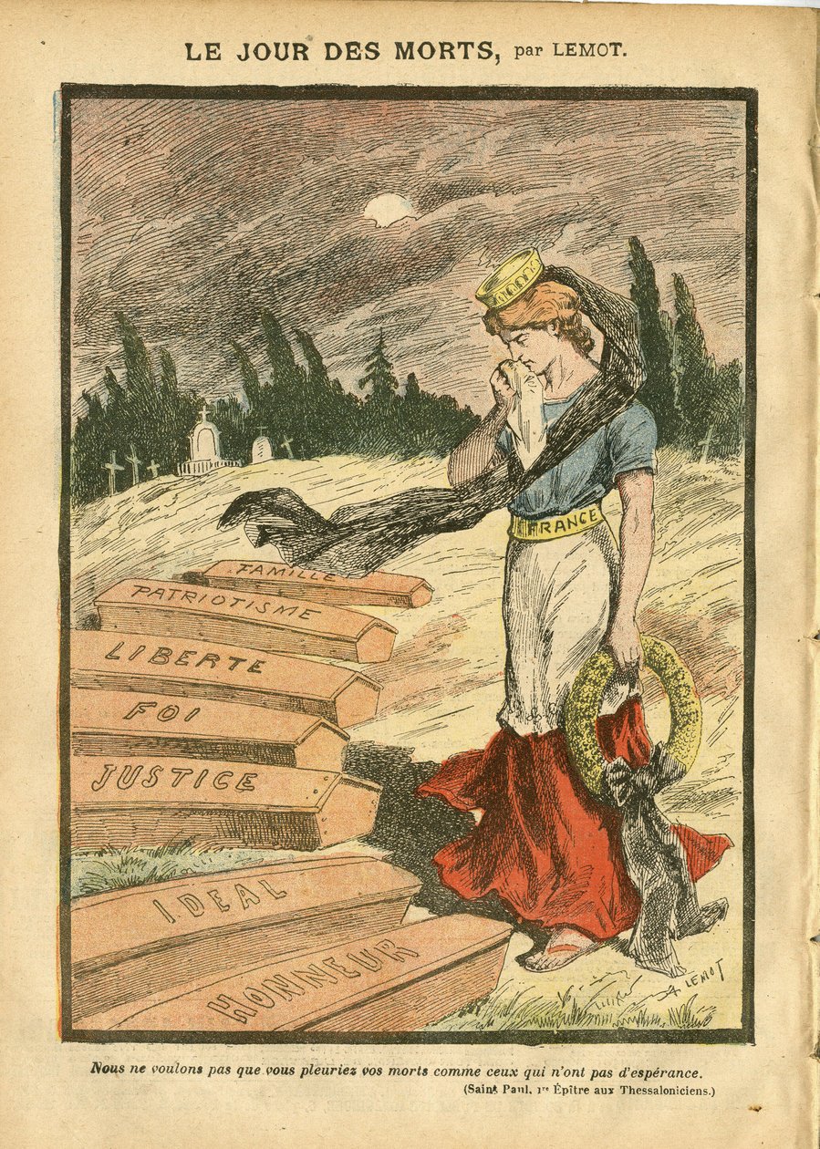 Illustratie van Achille Lemot (1846-1909) in Le Pelerin, 03/11/07 - De Dag van de Doden - Gerechtigheid Proces, Religie Geloof, Vrijheid, Frankrijk, Driekleurige Vlag, Patriottisme, Rouw Begrafenis, Eer, Kist - Marianne - Dood, Religieuze Metafoor door Achille Lemot