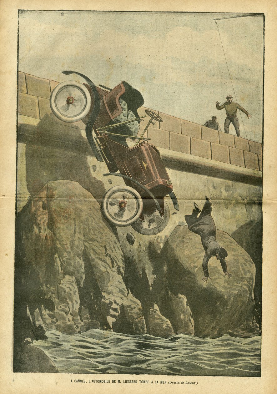 Illustratie van Achille Lemot (1846-1909) in Le Pelerin, 05/05/07 - In Cannes valt de auto van meneer Liegard in zee - Diverse feiten, Auto, Maritiem Marine Kust, Ongelukken Rampen door Achille Lemot
