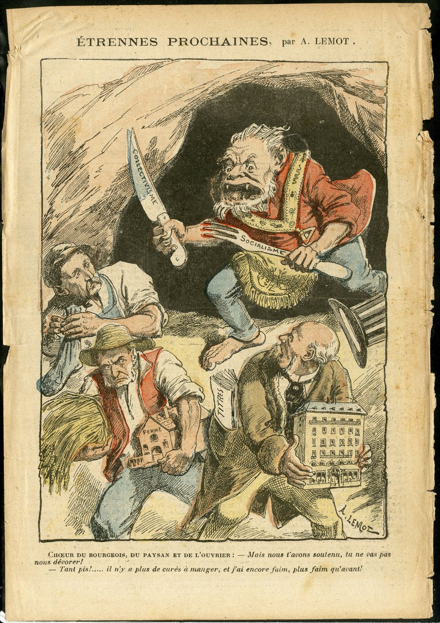 Illustratie van Achille Lemot (1846-1909) in Le Pelerin, 07/01/06 - Volgende vreemdeling - Landbouw, Collectivisme, Socialisme - Arbeider, Boeren, Boeren - Oger/eten/slikken, Animalisatie door Achille Lemot