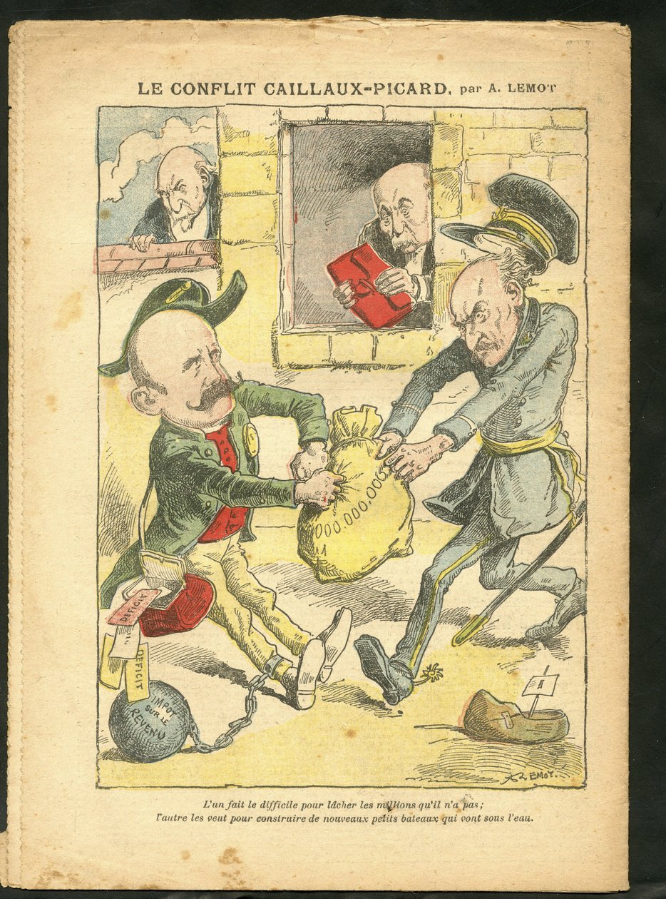 Illustratie van Achille Lemot (1846-1909) in Le Pelerin, 07/03/09 - Het Caillaux-Picard Conflict - Belastingen, Inkomstenbelasting - Combes Emile (1835-1921), Clemenceau George, Caillaux Joseph (1863-1944) door Achille Lemot