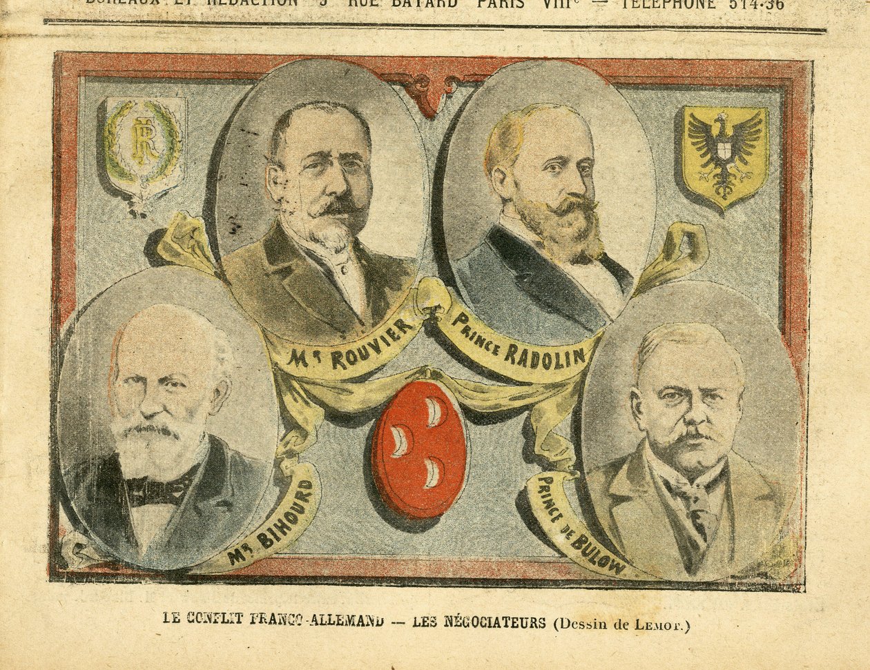 Illustratie van Achille Lemot in Le Pelerin, 09/07/05 - Het Frans-Duitse conflict de onderhandelaars - Kolonisatie Kolonialisme Kolonies, Duitsland Pruisen, Marokko, Frankrijk, Tanger - Rouvier Maurice, Bulow Bernhard von door Achille Lemot