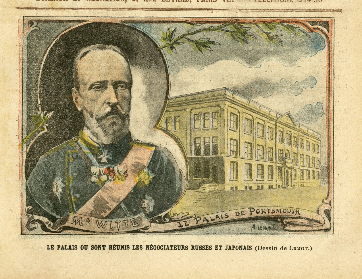 Illustratie van Achille Lemot (1846-1909) in Le Pelerin, 20/08/05 - Het Paleis waar Russische en Japanse onderhandelaars zijn verenigd - Rusland, Japan, Russisch-Japanse Oorlog, Portsmouth - Witte Serge (1849-1915) door Achille Lemot