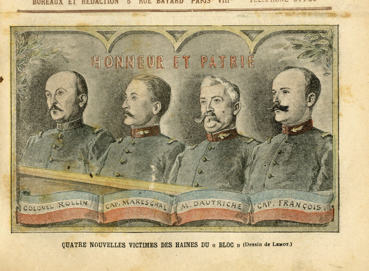 Illustratie van Achille Lemot (1846-1909) in Le Pelerin, 20/11/04 - Vier nieuwe slachtoffers van de haat van het Blok - Leger, Affaire des fiches, Patriottisme - Kolonel Rollin, Kapitein Mareschal, Kapitein Dautriche, François door Achille Lemot