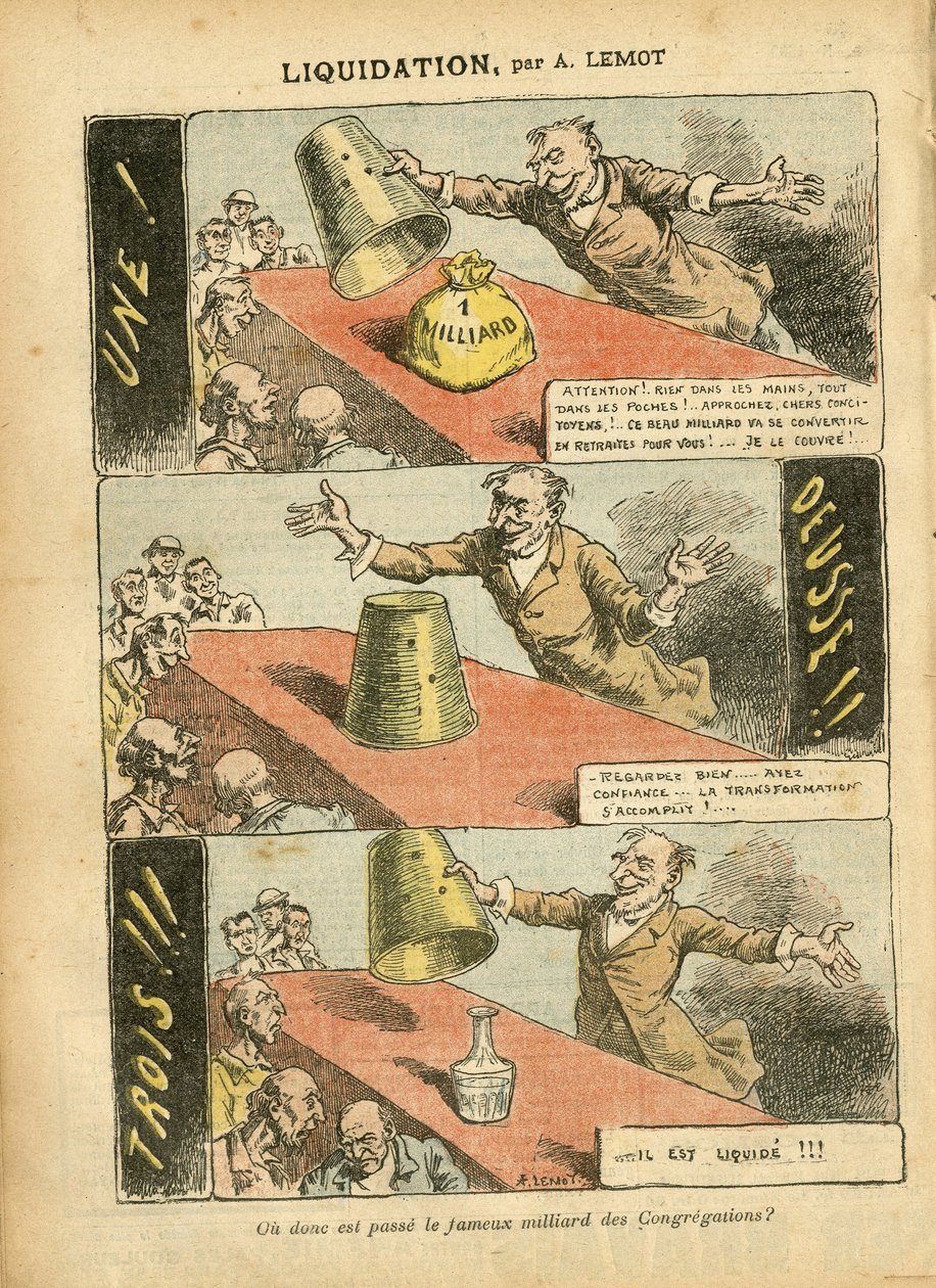 Illustratie van Achille Lemot in Le Pelerin, 23/06/07 - Liquidatie - Spel, Religie Geloof, Zilver, Katholicisme - Miljard van Congregaties - Honneteau door Achille Lemot