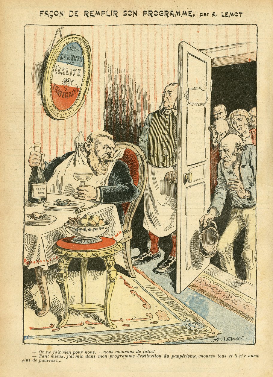 Illustratie van Achille Lemot in Le Pelerin, 23/07/05 - Hoe zijn programma te vervullen - Sociaal, Armoede, Gastronomie koken, Socialisme - Jaurès Jean, Afgevaardigde, Homemans - Voedsel Metafoor, Oppositie/Associatie door Achille Lemot