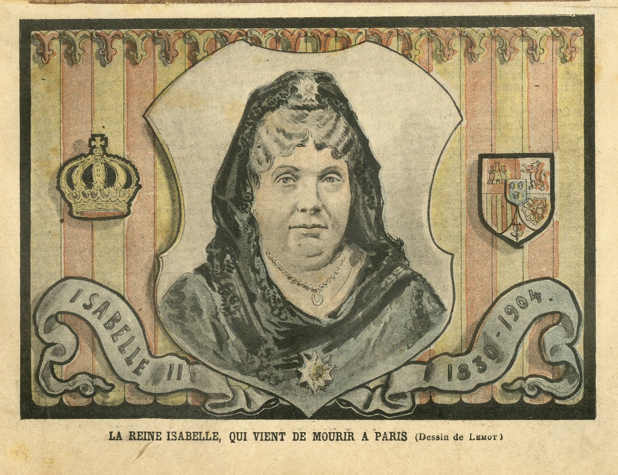 Illustratie van Achille Lemot (1846-1909) in Le Pelerin, 24/04/04 - Koningin Isabelle, die net is overleden in Parijs - Parijs, Spanje, Monarchie, Buitenlandse Soeverein - Isabella II van Spanje (1830-1904) door Achille Lemot