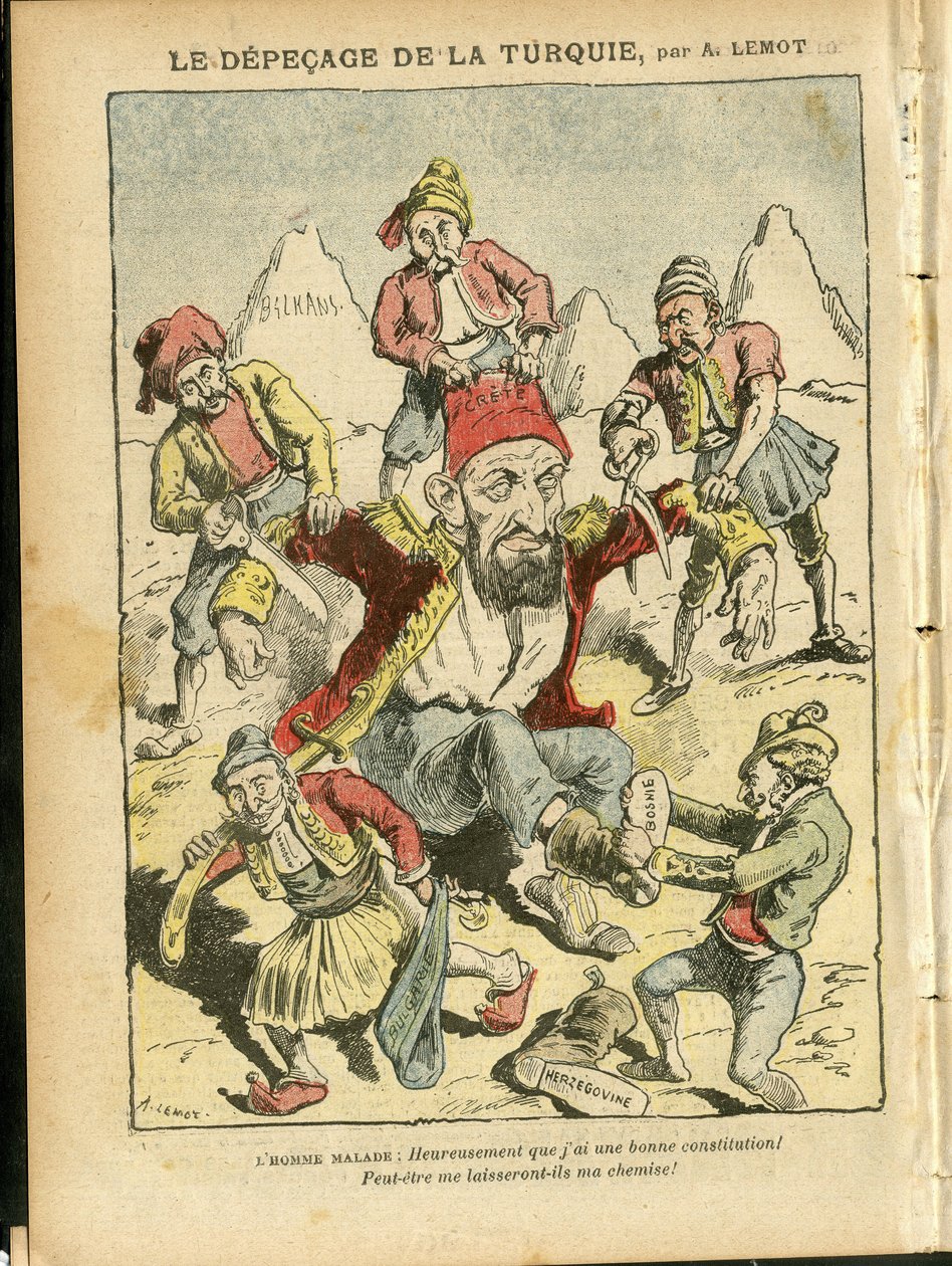 Illustratie van Achille Lemot (1846-1909) in Le Pelerin, 25/10/08 - Het ontleden van Turkije - Turkije, Religie Geloof, Balkan, Bulgarije, Bosnië-Herzegovina, Kreta, Katholiek Katholicisme - Abdul-Hamid II (1842-1918) door Achille Lemot