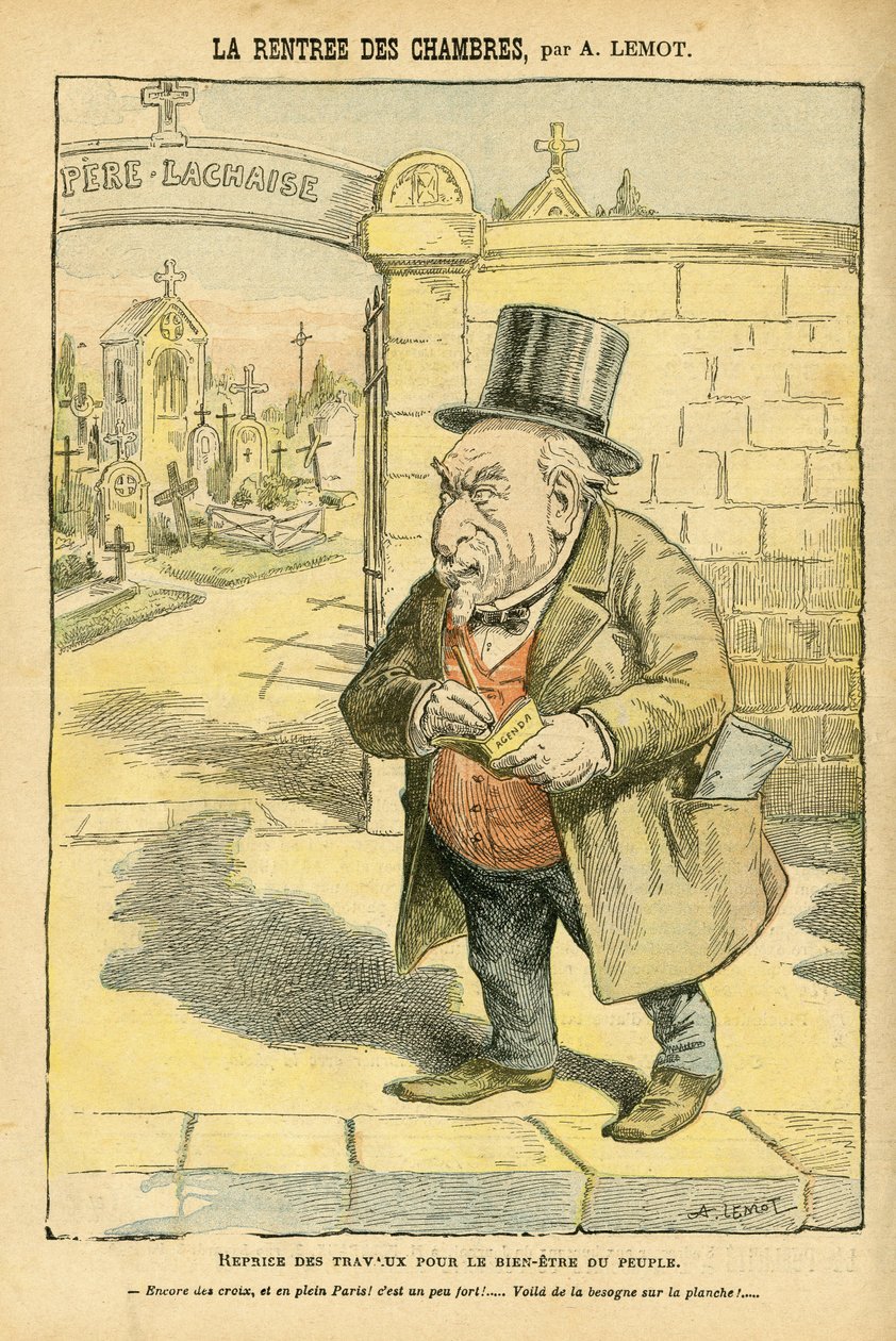 Illustratie van Achille Lemot in Le Pelerin, 29/05/04 - De terugkeer van de kamers - Religie Geloof, Begraafplaats, Blok van links, Rouw Begrafenis, Père Lachaise, Katholicisme - Secularisatie van de religieuze ruimte, Secularisme door Achille Lemot