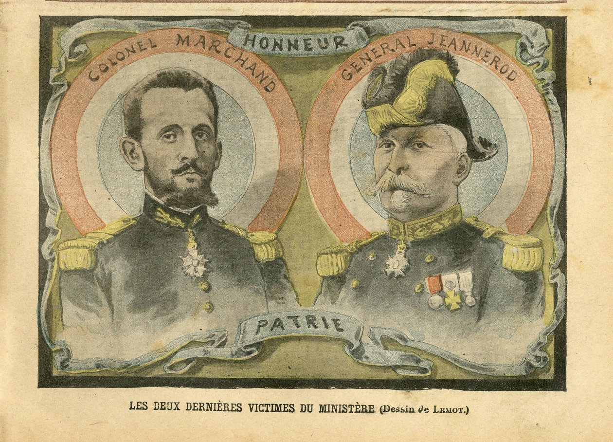 Illustratie van Achille Lemot (1846-1909) in Le Pelerin, 29/05/04 - De laatste twee slachtoffers van het ministerie - Leger, Ministerie van Oorlog, Patriottisme - Secularisatie Seculariteit Seculiere Wetten - Marchand Jean-Baptiste (1863-1924), Generaal door Achille Lemot