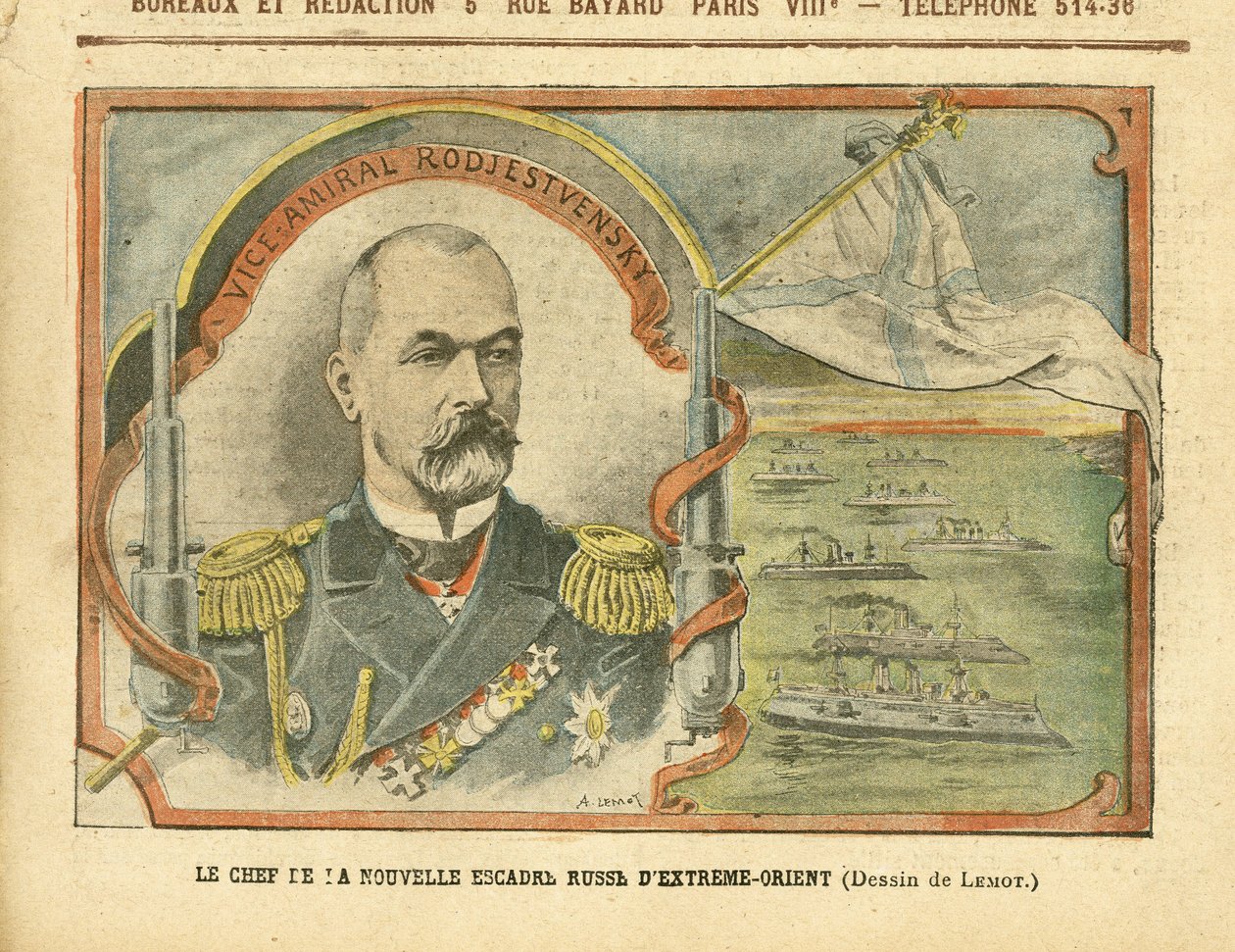 Illustratie van Achille Lemot in Le Pelerin, 30/04/05 - De leider van het nieuwe Russische Verre Oosten Eskader - Rusland, Leger, Marine Zee Kust, Oorlogsschepen - Admiraal Admiralen, Rodjestvensky door Achille Lemot