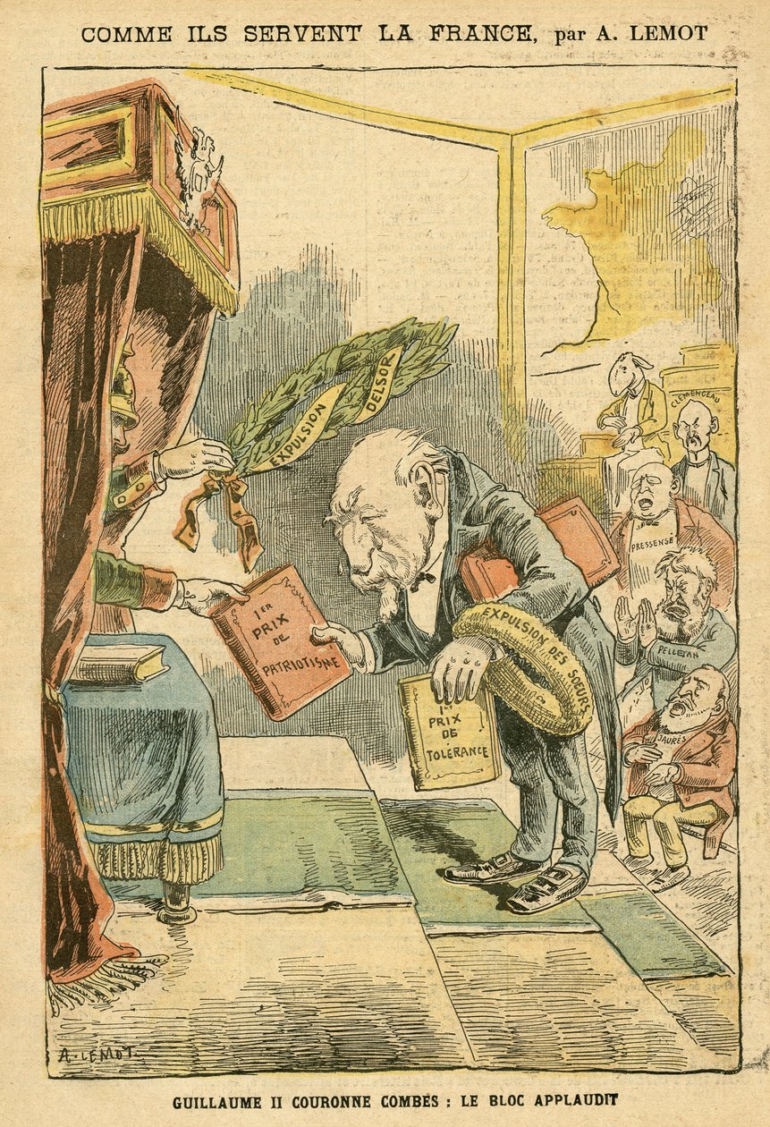 Illustratie van Achille Lemot (1846-1909) in Le Pelerin, 31/01/04 - Hoe ze Frankrijk dienen - Duitsland Pruisen, Religie Geloof, Bloc des Left, Patriottisme, Katholicisme - Uitzettingen van Religieuzen - Combes Emile (1835-1921), Wilhelm II, Delsor Nicolas door Achille Lemot