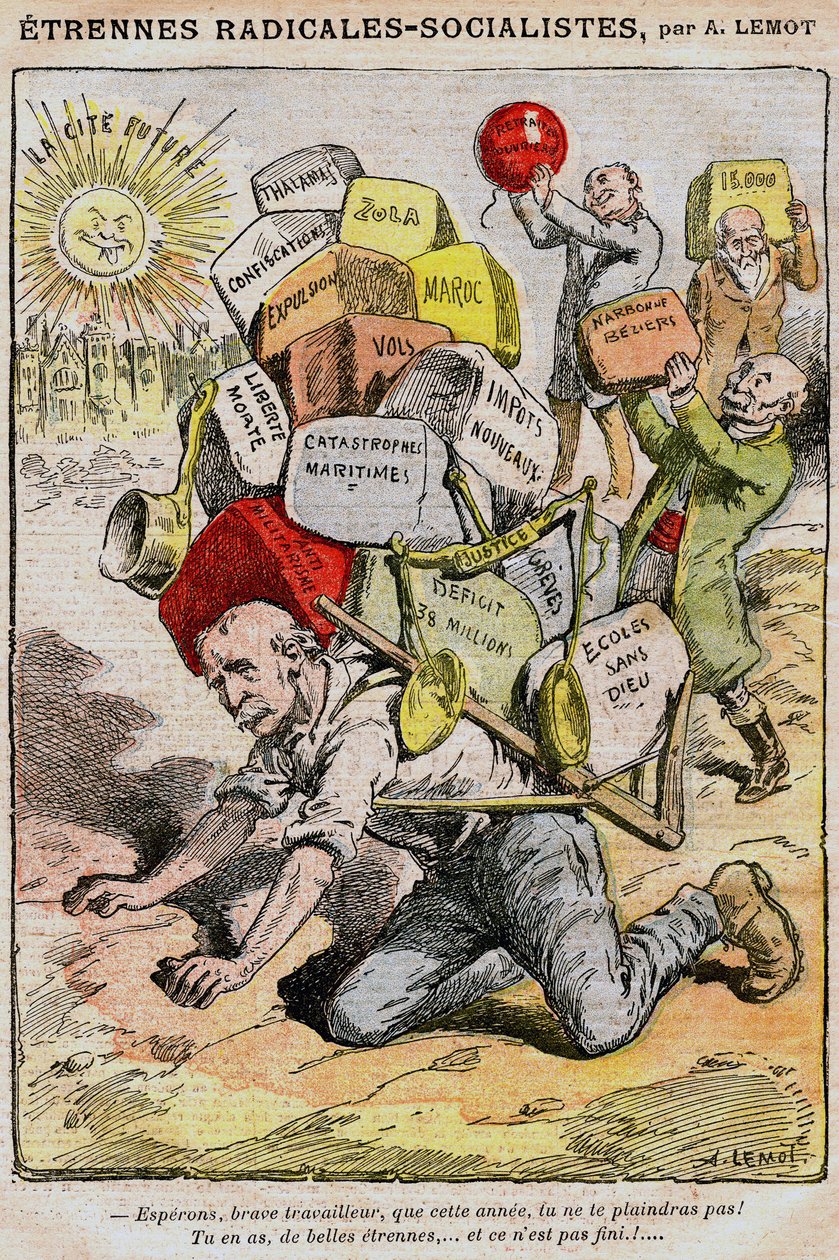 Radicaal-Socialisten: cartoon door Achille Lemot (1846-1909) in Le Pelerin (1909) - een arbeider bezwijkt onder de last van belastingen, belastingen en ongemakken als gevolg van het wanbeheer van de regering en Georges Clemenceau - stakingen door Achille Lemot