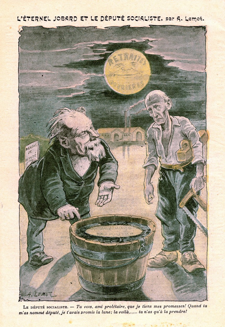 Socialistische afgevaardigde belooft de maan (pensioen) aan een arme proletariër (timmerman), in Le Pelerin, Katholiek weekblad N°1391 van 30 augustus 1903 door A. Lemot (tekening) door Achille Lemot