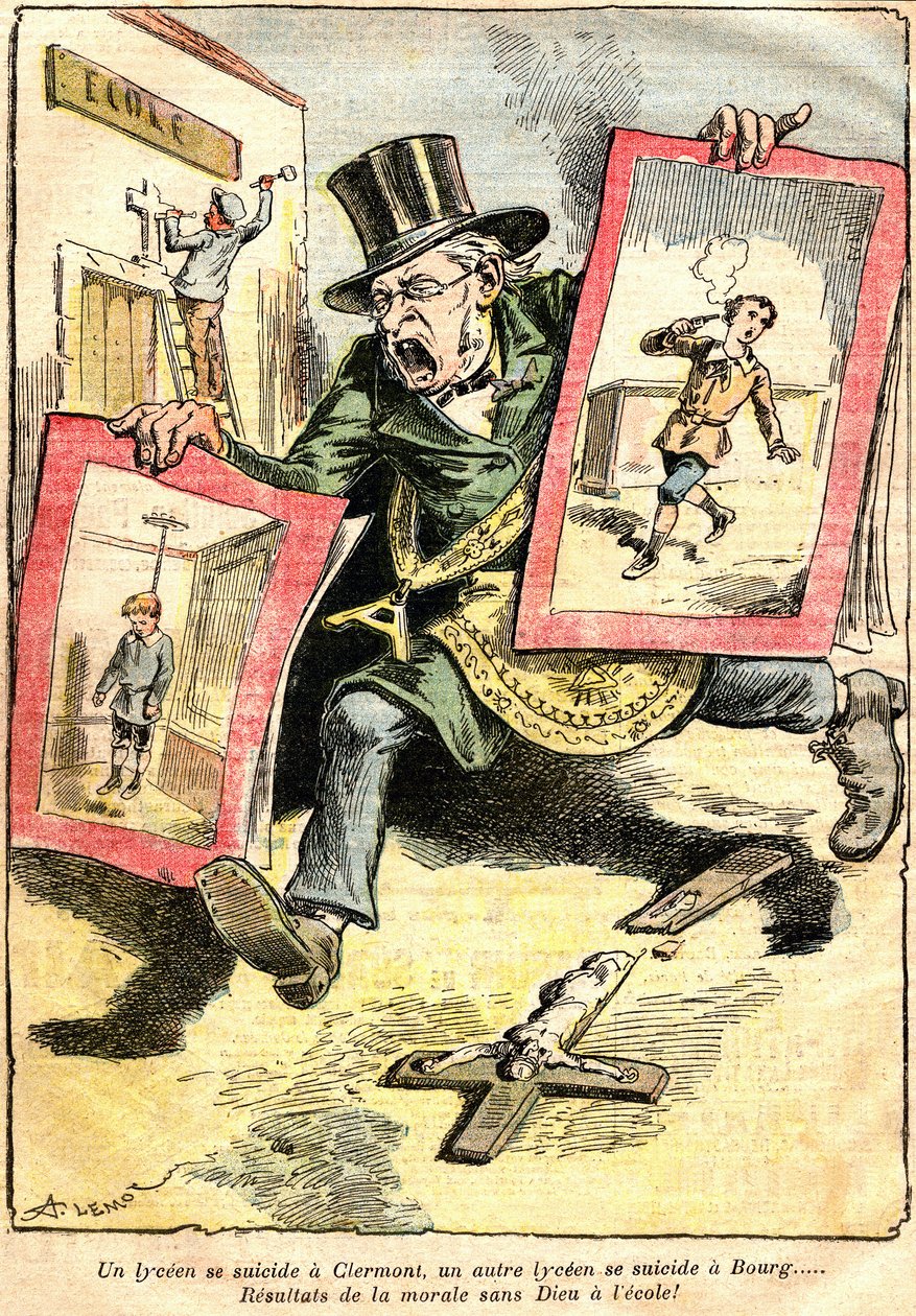 De resultaten: een lyceum zelfmoord in Clermont, een andere in Bourg: resultaten van moraliteit zonder God op school! - Cartoon door Achille Lemot in Le Pelerin (1909) - oppositie van Laïque en religieus onderwijs (Katholiek) - een ambtenaar van de Republi door Achille Lemot