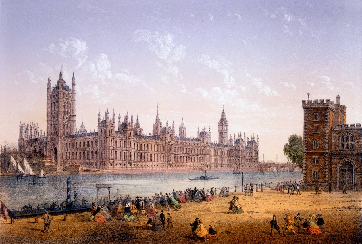 Houses of Parliament vanaf de zuidelijke oever, prent gemaakt door Ch. Riviere, 1862 door Achille Louis Martinet