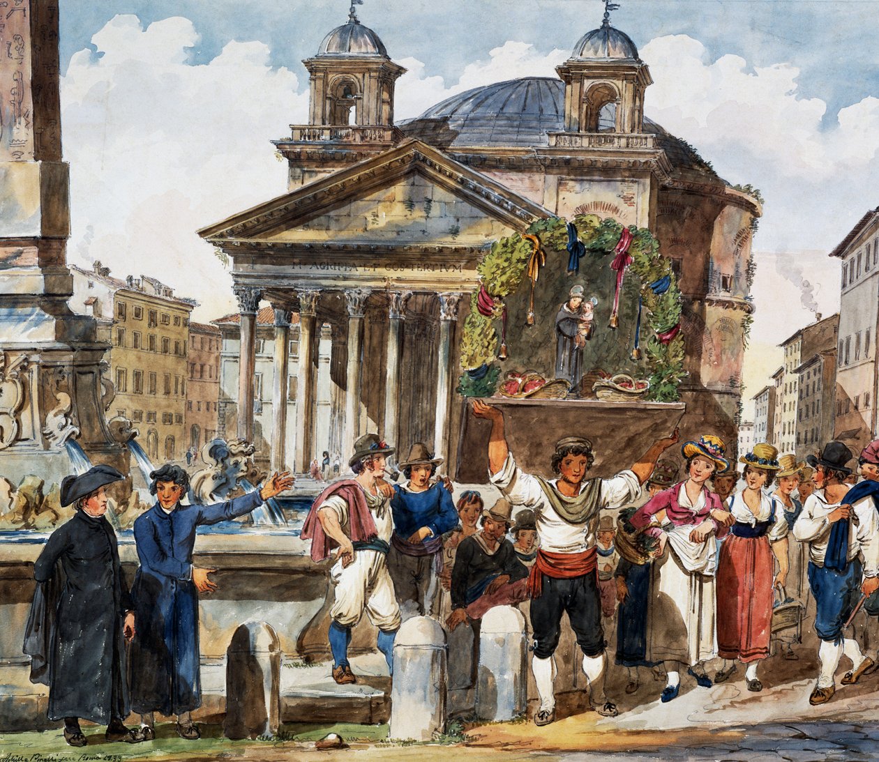 Aardbeienfestival bij het Pantheon in Rome, aquarel door Achille Pinelli door Achille Pinelli