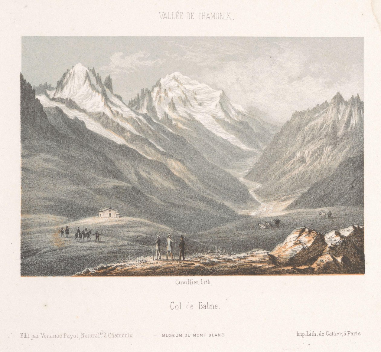 Zicht op het dorp Les Planards op de weg naar Montenvers Herinnering aan Chamonix-Mont-Blanc Museum du Mont-Blanc door Ad. Cuvillier