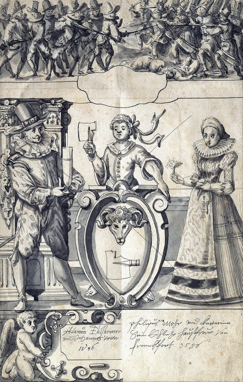 Cartoon voor de Frankfurtse slager Philipp Mohr en zijn vrouw Catherine door Adam Elsheimer