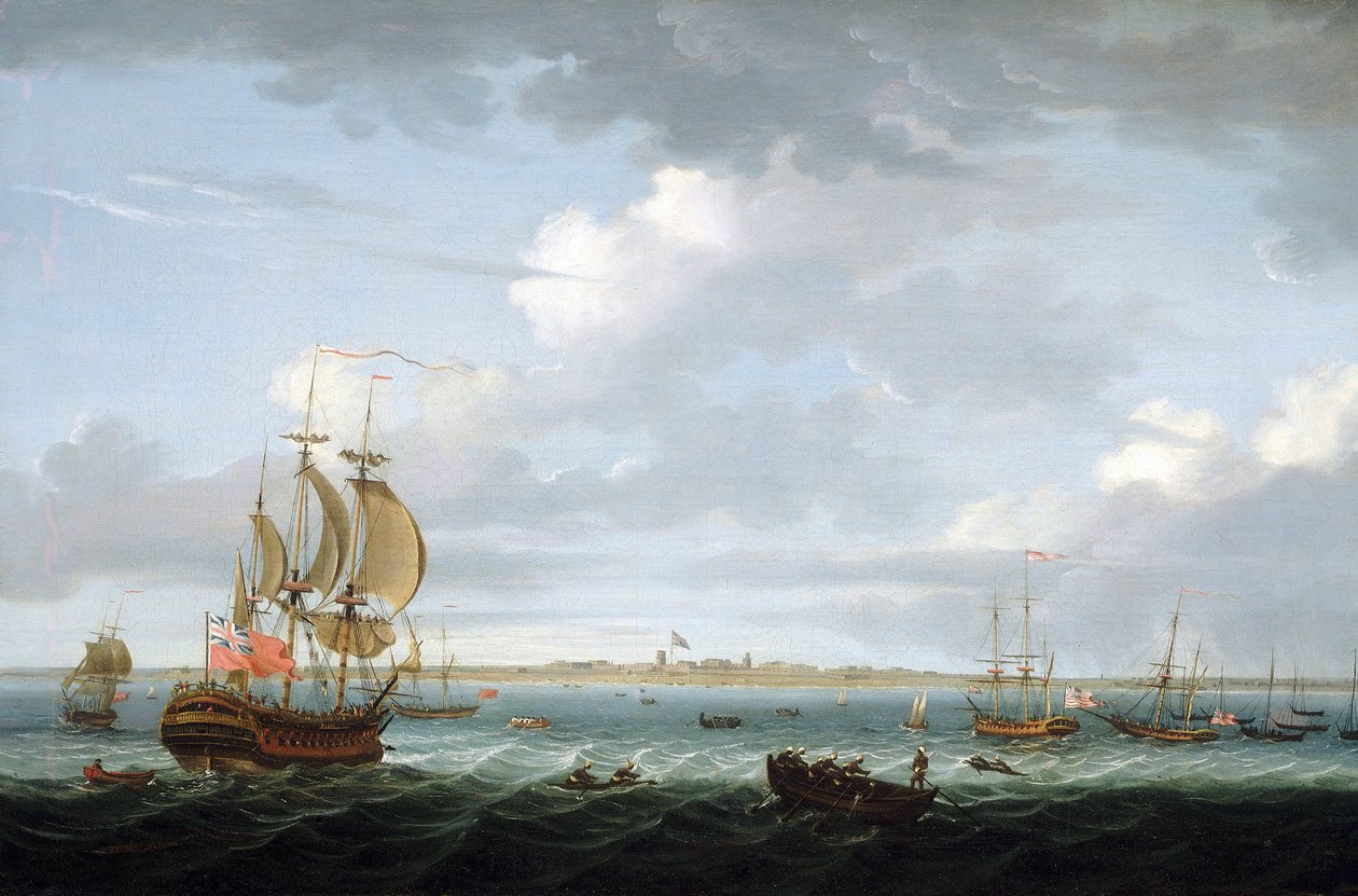 Navigatie voor de kust van Madras, India, met een beschrijving van de haven en de stad en de Britse vlag die wappert over Fort Saint George door Adam Callander