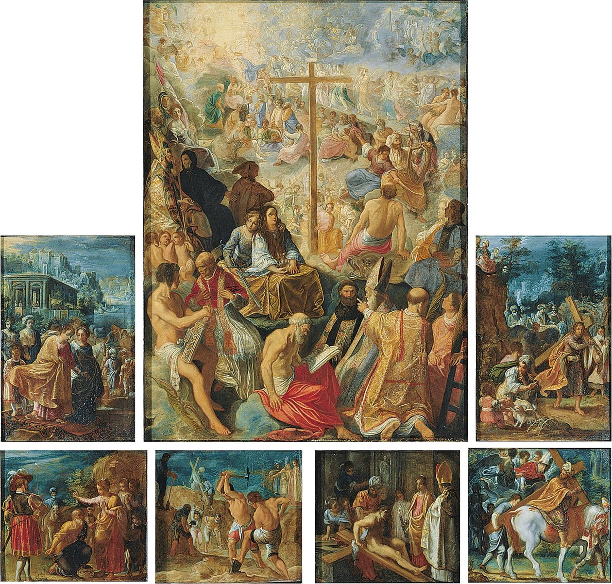 Duits: Der Frankfurter Kreuzaltar (Die Auffindung und Verherrlichung des Wahren Kreuzes) Het Frankfurtse altaarstuk van het Heilig Kruis door Adam Elsheimer