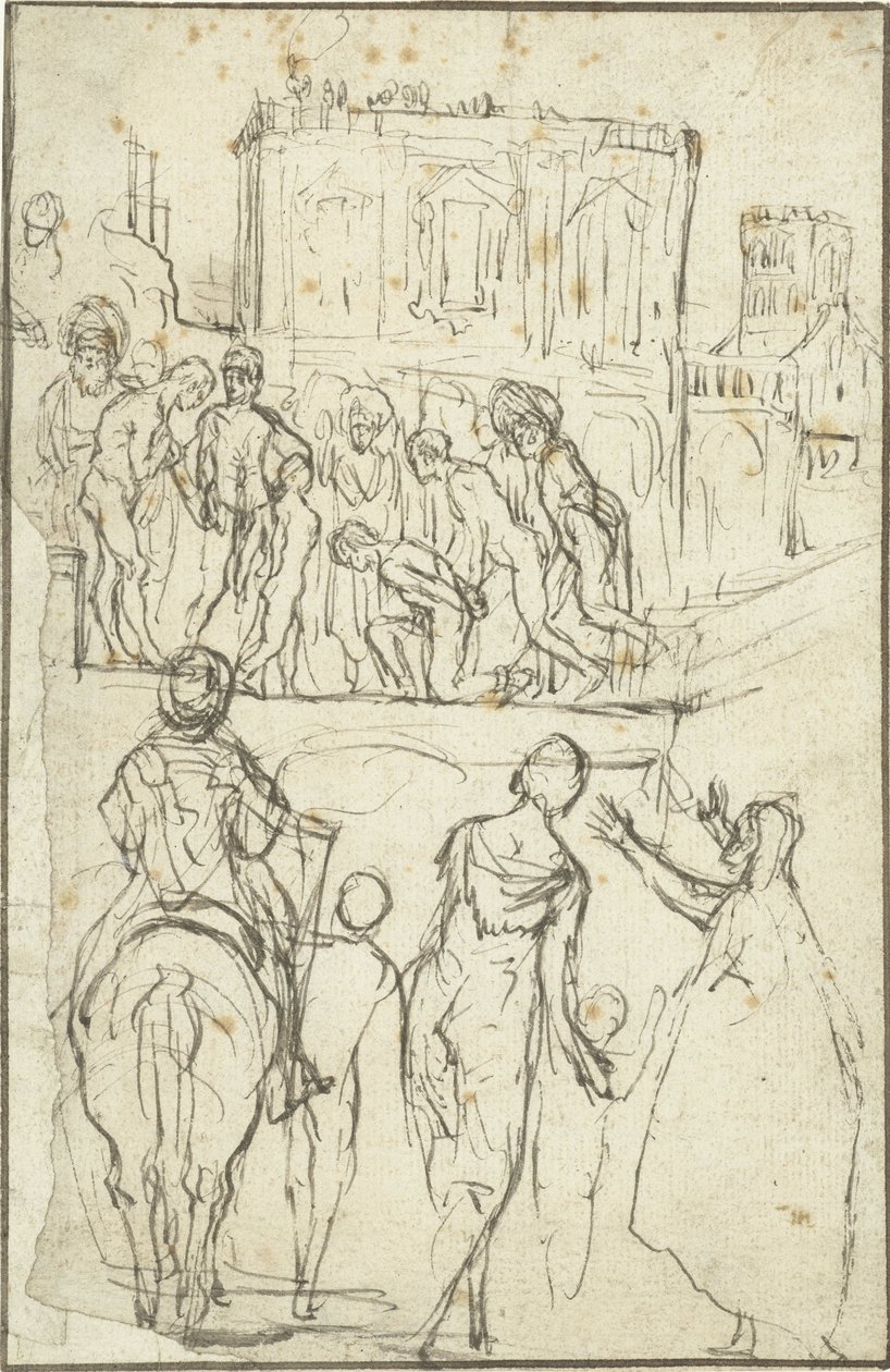 Duits: Josephus wird von Nicanor vor Kaiser Vespasianus geführt Josephus wordt geleid door Nicanor voor keizer Vespasianus door Adam Elsheimer