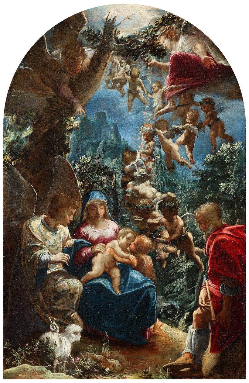 Italiaans: sacra famiglia con san giovannino e un angelo De heilige familie met het kind Johannes de Doper en engelen door Adam Elsheimer