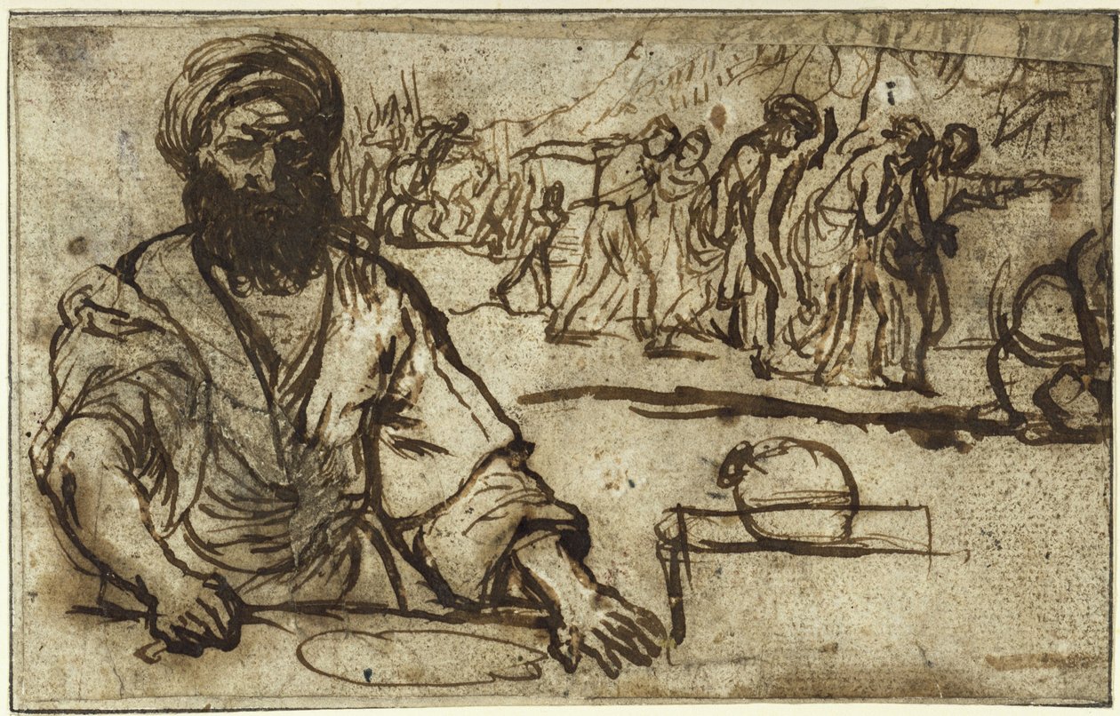 Zittende man met een baard, op de achtergrond een stoet van mensen en ruiters door Adam Elsheimer