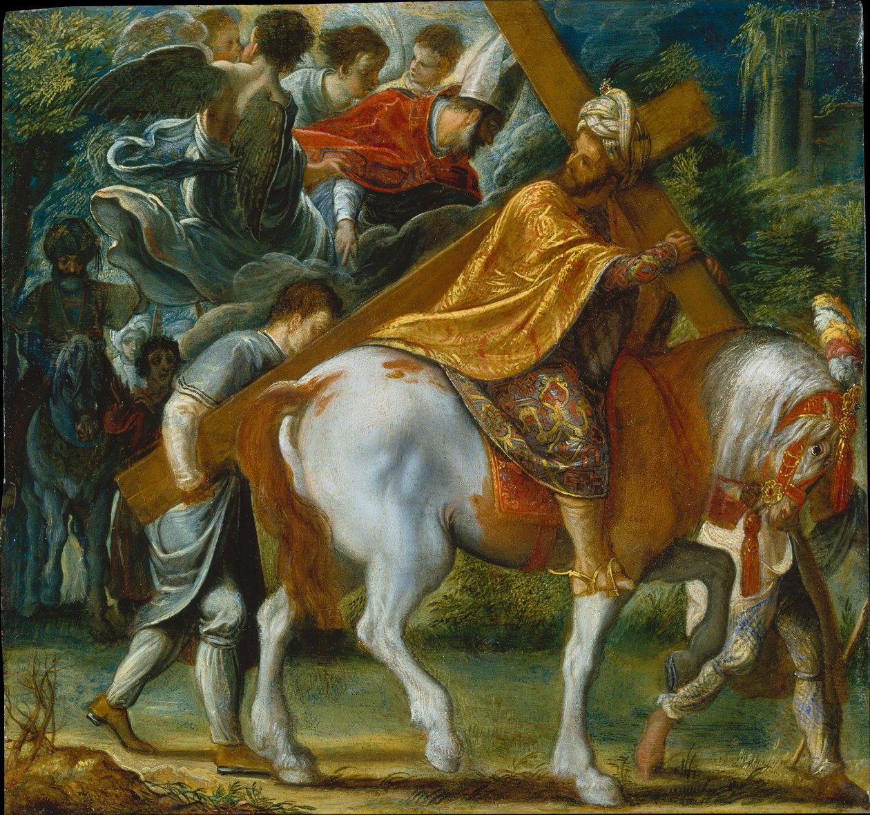Het Frankfurter altaarstuk van de Verheffing van het Ware Kruis: Heraclius te paard met het Kruis (rechtsonder) door Adam Elsheimer