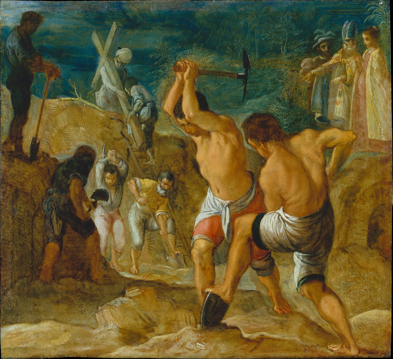 Het Frankfurtse altaarstuk van de Verheffing van het Ware Kruis:
Het opgraven van het kruis (linksonder in het midden) door Adam Elsheimer