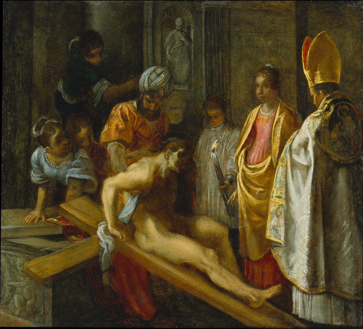 Het Frankfurter altaarstuk van de Verheffing van het Ware Kruis: De beproeving van het kruis (midden rechts) door Adam Elsheimer