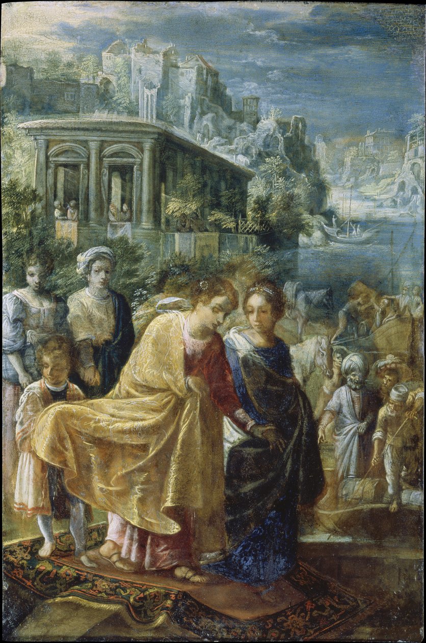 Het Frankfurtse altaarstuk van de Verheffing van het Ware Kruis: De inscheping van keizerin Helena (links) door Adam Elsheimer
