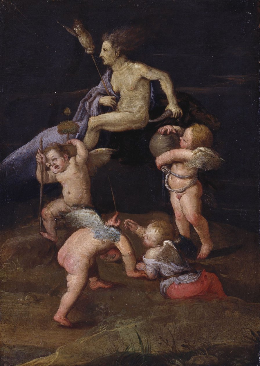 Heks rijdt achteruit op een geit door Adam Elsheimer