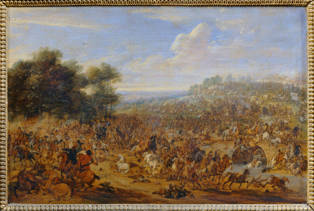 Gevecht bij een brug ... door Adam Frans van der (circle of) Meulen