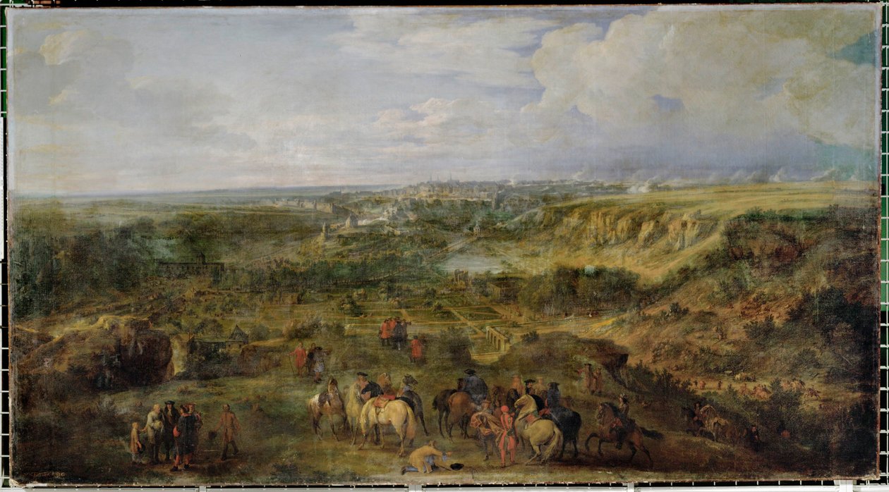 Uitzicht op Luxemburg-stad vanaf de Mansfeld-baden ... door Adam Frans van der (circle of) Meulen