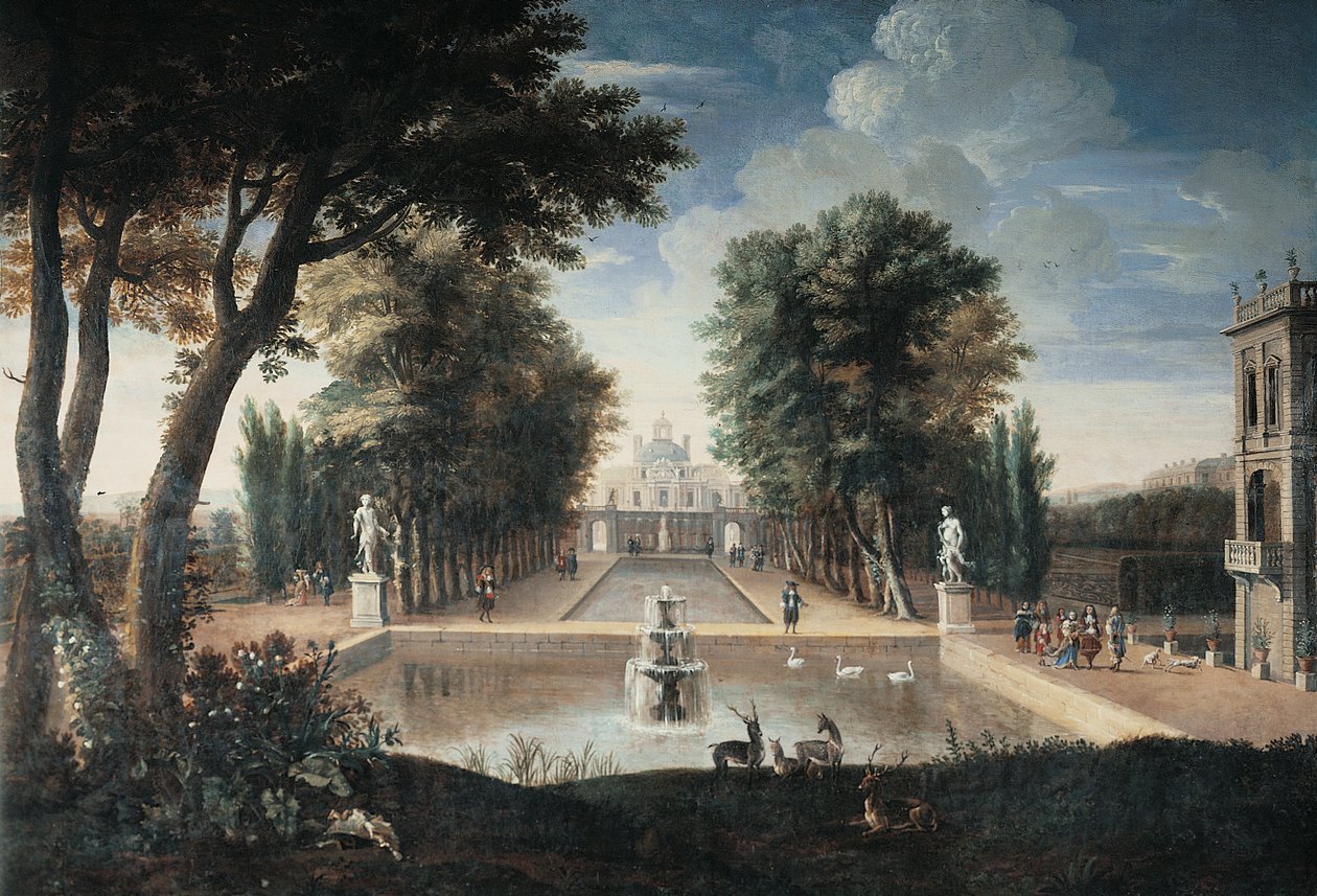 Uitzicht op een paleis door Adam Frans van der (style of) Meulen