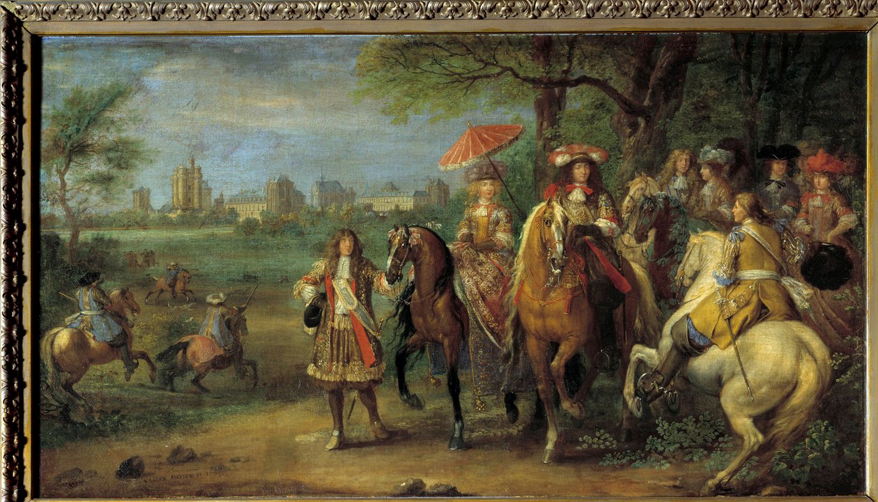 Koning Lodewijk XIV en Koningin Marie-Therese van Oostenrijk wandelen voor het kasteel van Vincennes in 1669 door Adam Frans van der Meulen