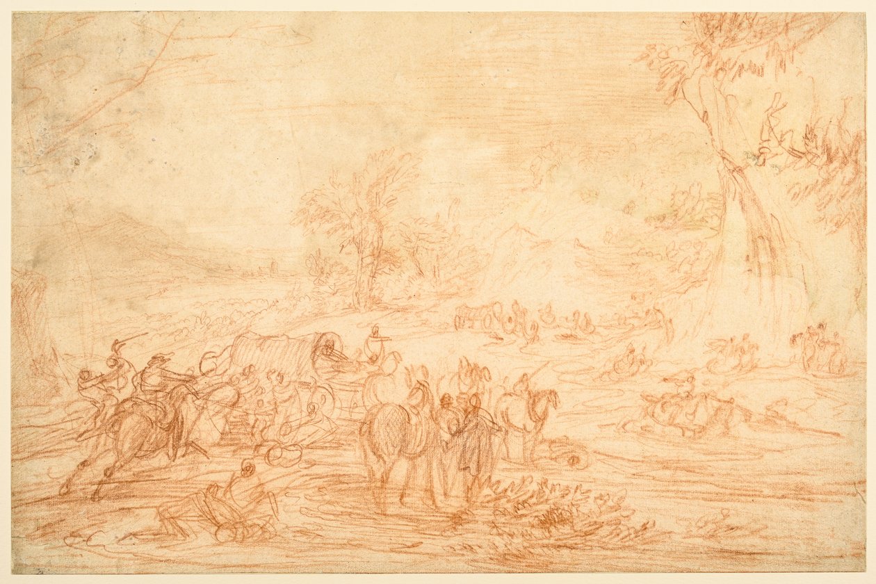 Landschap, met een aanval op een konvooi van koetsen door Adam Frans van der Meulen
