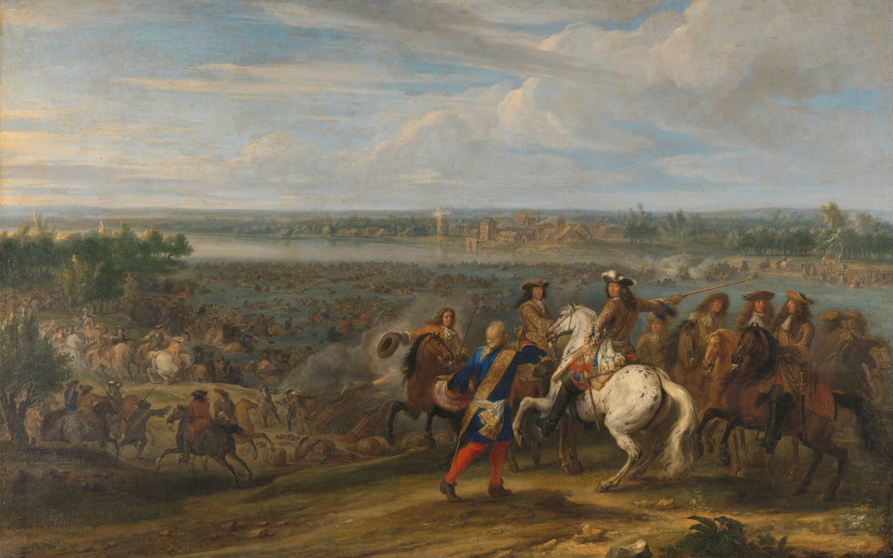 Lodewijk XIV trekt bij het Tolhuis bij Lobith de Rijn over, 12 juni 1672 door Adam Frans van der Meulen